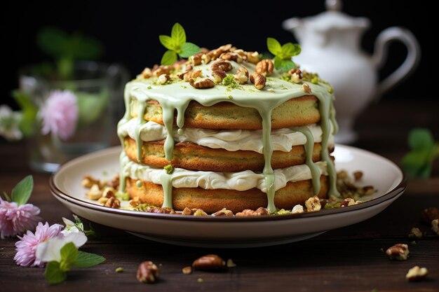 Pistachecake met room versierd met groene bladeren generatieve IA