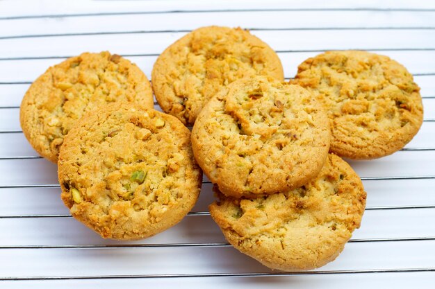 Pistachio and almond cookies on cooling rack