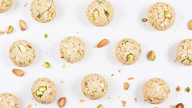 Pistachio and almond cookies on white background