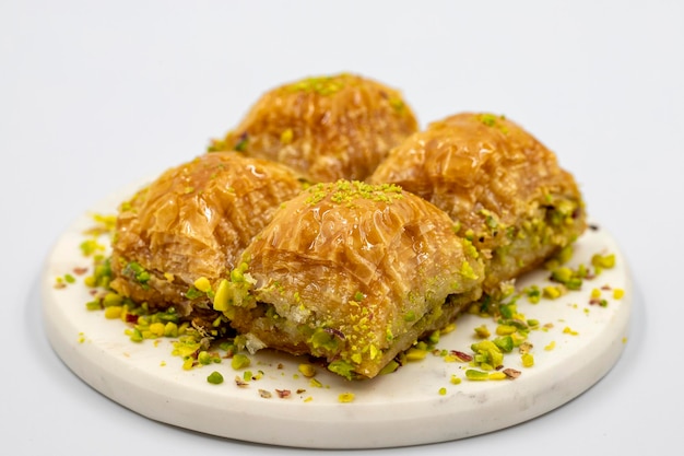 Pistachio baklava Closeup Traditional Middle Eastern Flavors Traditional Turkish baklava local name fistikli baklava