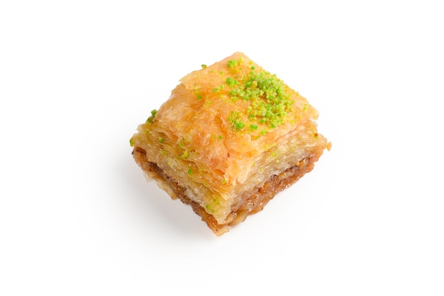 Pistachio baklava on a white background. Dessert.