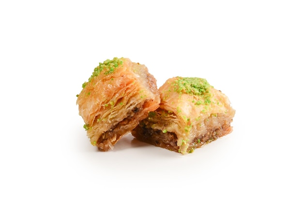 Pistachio baklava on a white background. Dessert.