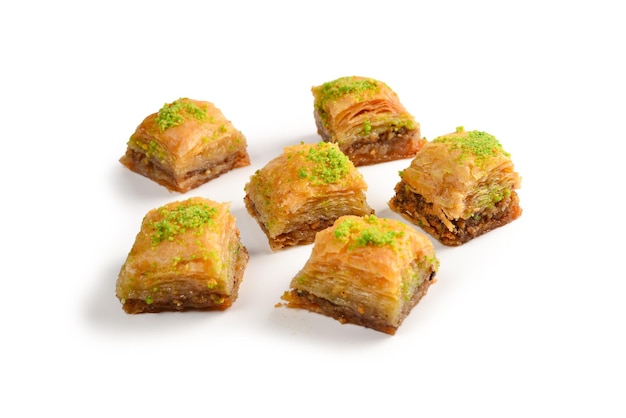 Pistachio baklava on a white background Dessert