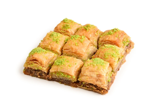 Pistachio baklava on a white background Dessert