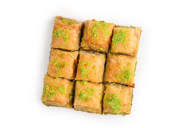 Pistachio baklava on a white background Dessert