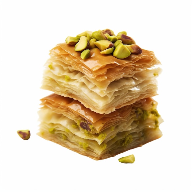 Pistachio baklava on a white background Dessert