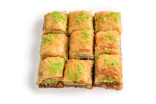 Pistachio baklava on white