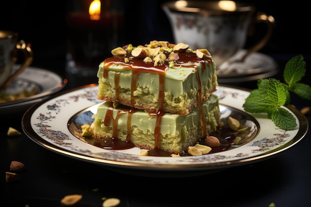 Pistachio brownie on a porcelain plate in an elegant coffee with chandeliers generative IA