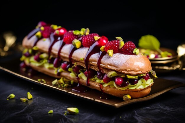 Pistachio eclair with raspberry and chocolate on tops