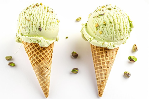 pistachio ice cream cones isolated on white white
