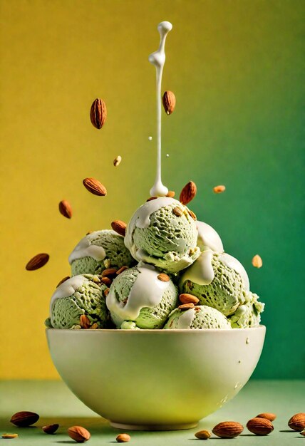 Photo pistachio ice cream in glass bowl with green gradient background