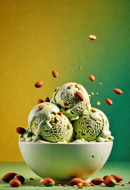 Pistachio ice cream in glass bowl with green gradient background