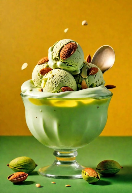 Photo pistachio ice cream in glass bowl with green gradient background