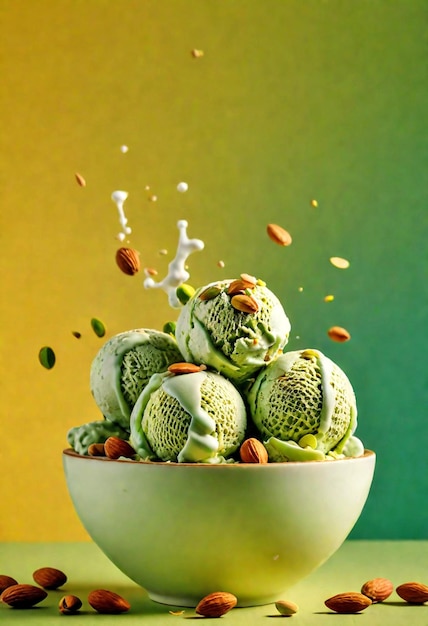 Photo pistachio ice cream in glass bowl with green gradient background