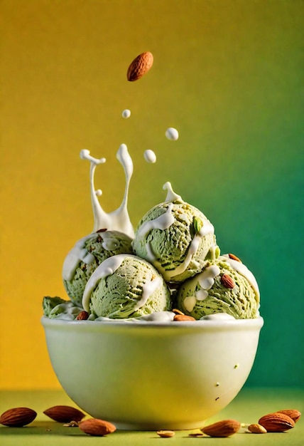 Pistachio ice cream in glass bowl with green gradient background