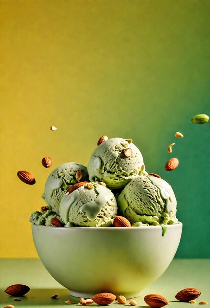 Писташковое мороженое в стеклянной чаше с зеленым фонам