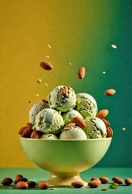 Photo pistachio ice cream in glass bowl with green gradient background