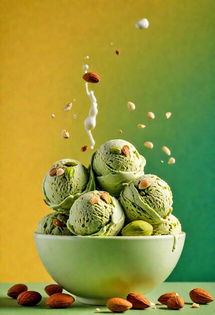 Photo pistachio ice cream in glass bowl with green gradient background