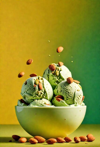 Photo pistachio ice cream in glass bowl with green gradient background