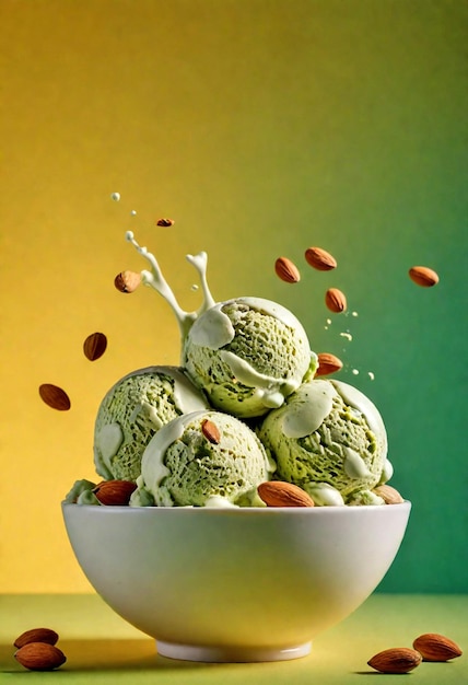 Photo pistachio ice cream in glass bowl with green gradient background