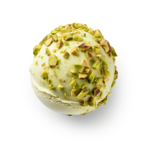 Pistachio ice cream scoop ball on white background Top view