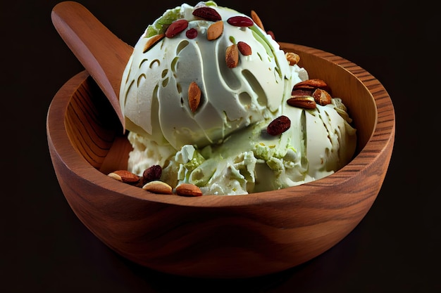 Pistachio ice cream in wooden bowl food