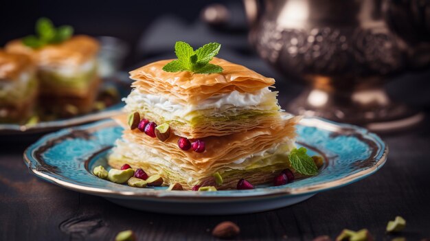 Pistachio kadaif on a plate Turkish dessert Kadayif with pistachio powder