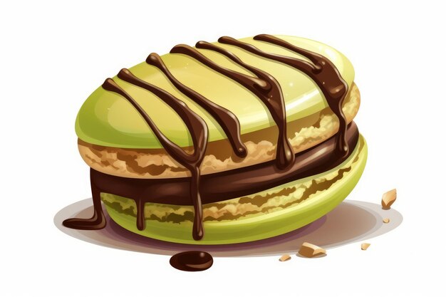 Pistachio Macaron with with Chocolate Drizzle on white background AI generated