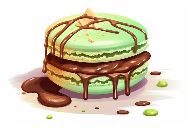 Pistachio Macaron with with Chocolate Drizzle on white background AI generated