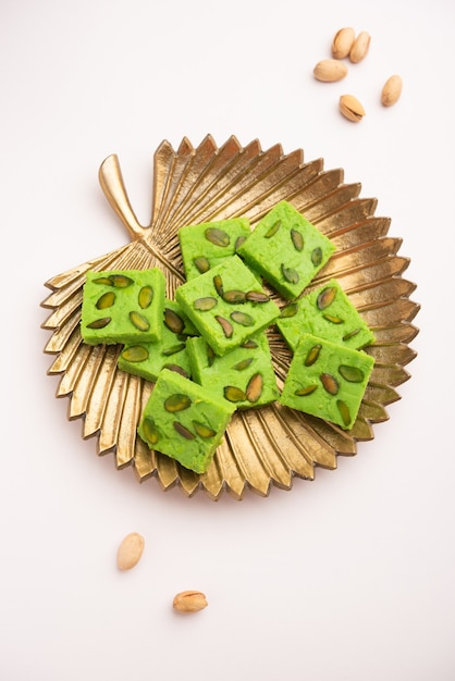 Pistachio MavaÃÂ or khoa sweet otherwise called as pista Barfi, burfi, barfeeÃÂ or peda, an indian sweet green in color