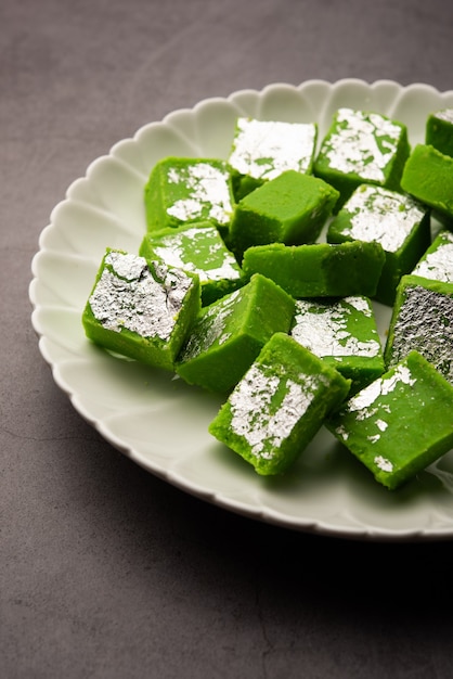 Pistachio MavaÃÂ or khoa sweet otherwise called as pista Barfi, burfi, barfeeÃÂ or peda, an indian sweet green in color