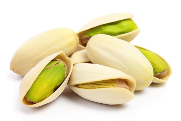 Foto pistachio nut eleganza esplora l'eleganza dei pistacchi con una vista ravvicinata che enfatizza le loro caratteristiche uniche su uno sfondo bianco incontaminato