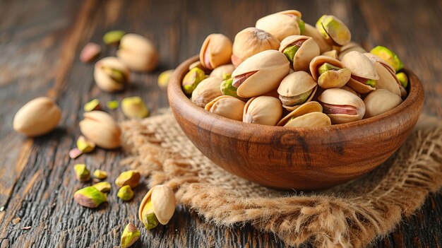 Pistachio nuts in bowl on wooden table healthy snack and nutritious food option