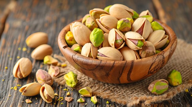 Pistachio nuts in bowl on wooden table healthy snack and nutritious food option