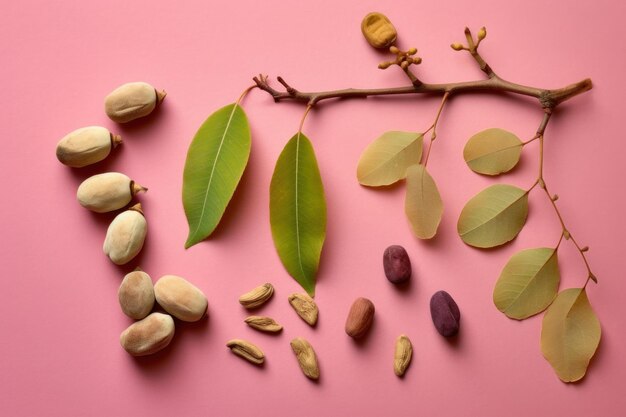 Pistachio nuts and leaves on pink background flat lay