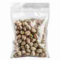 Photo pistachio nuts in a transparent bag on a white background