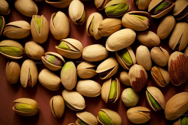 Pistachio nuts on wooden background Healthy food concept with AI generated