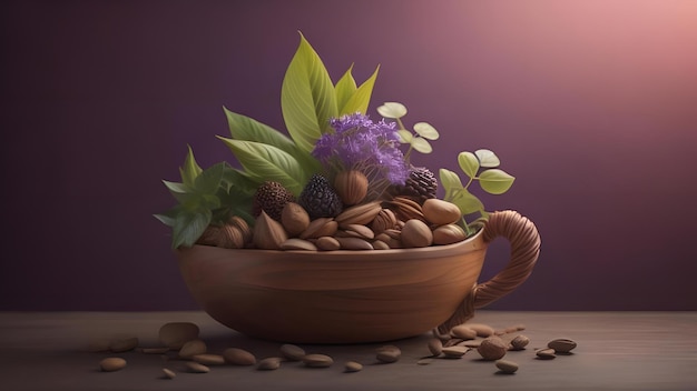 Pistachio nuts in a wooden bowl on wooden table and purple background generative ai