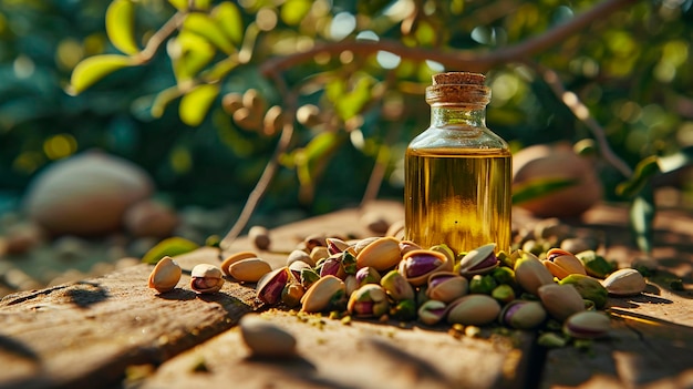 Pistachio oil on a table in the garden Selective focus