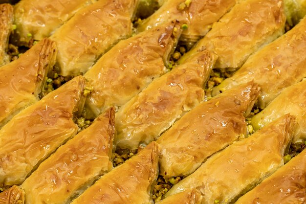 Pistachio sobiyet baklava dessert Mediterranean cuisine delicacies Closeup baklava