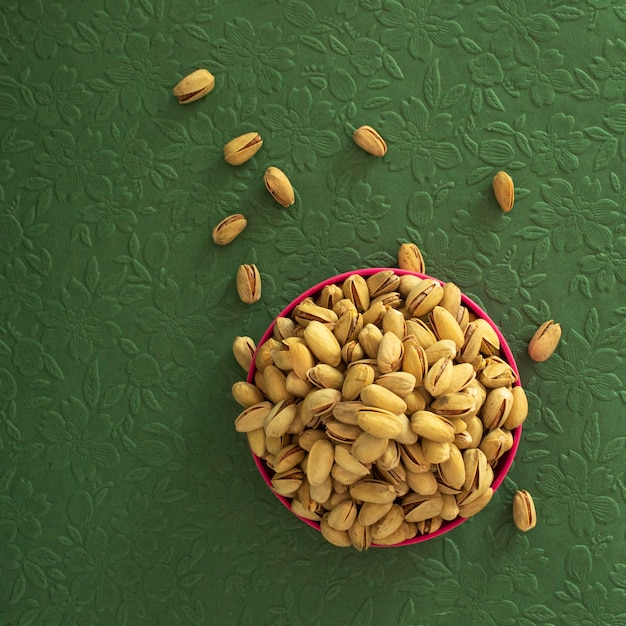 Pistachio Top Green Background Nuts