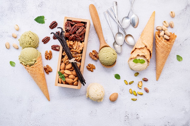 Pistachio and vanilla ice cream in bowls