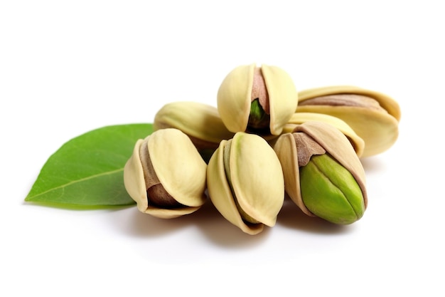 Pistachio with leaf isolated on white background