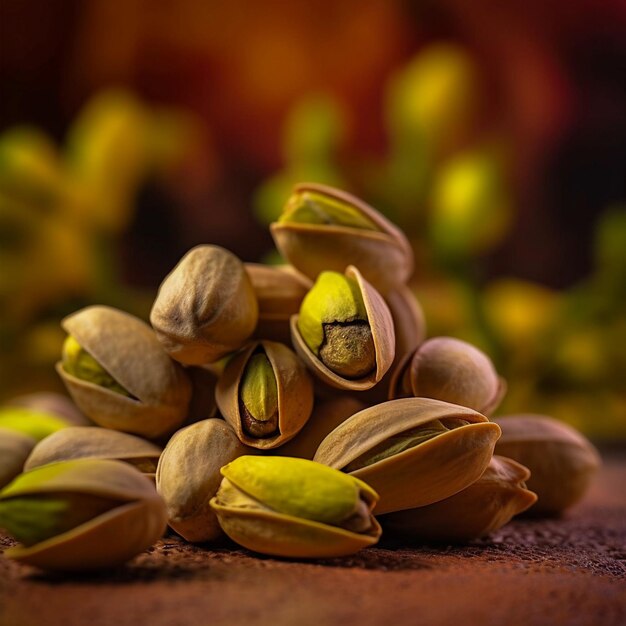 Pistachios and nuts in a soft background