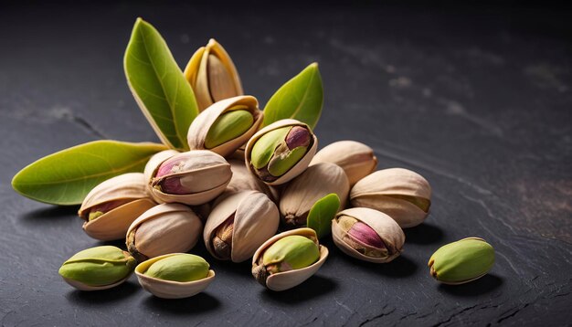 Pistachios with leaves On black rustic background