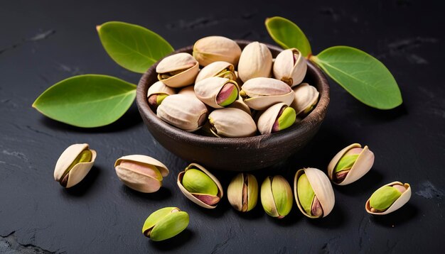 Pistachios with leaves On black rustic background