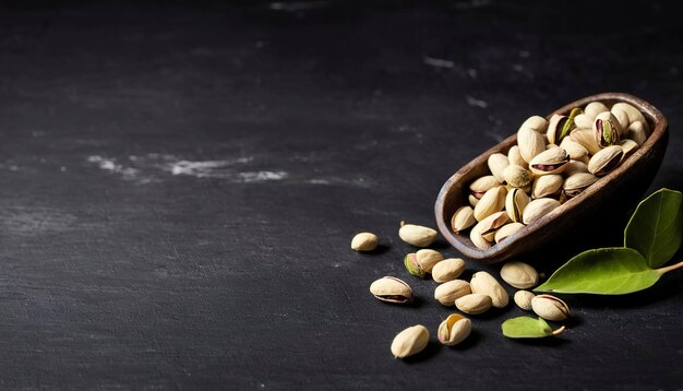 Pistachios with leaves On black rustic background