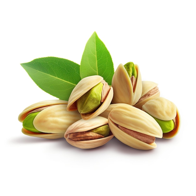 Pistachios with leaves in white background