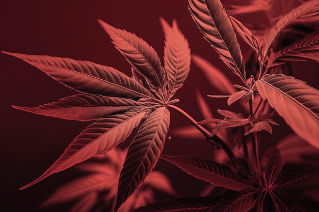 Pistils and leaves of cannabis indica on a dark red background macro