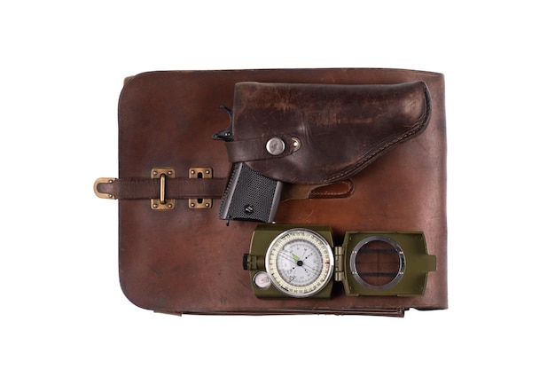 pistol and leather tablet of a soldier from the second world war